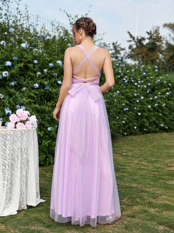 Elegant And Romantic Purple Women's Shoulder Strap Backless Style Mesh Back-Strap A-Line Dress Suitable For Parties, Weddings, Festivals, Vacations, Graduation Seasons, Adult Bridesmaid Dresses