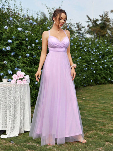 Elegant And Romantic Purple Women's Shoulder Strap Backless Style Mesh Back-Strap A-Line Dress Suitable For Parties, Weddings, Festivals, Vacations, Graduation Seasons, Adult Bridesmaid Dresses