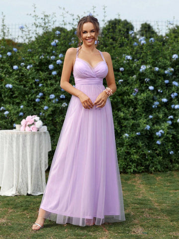 Elegant And Romantic Purple Women's Shoulder Strap Backless Style Mesh Back-Strap A-Line Dress Suitable For Parties, Weddings, Festivals, Vacations, Graduation Seasons, Adult Bridesmaid Dresses