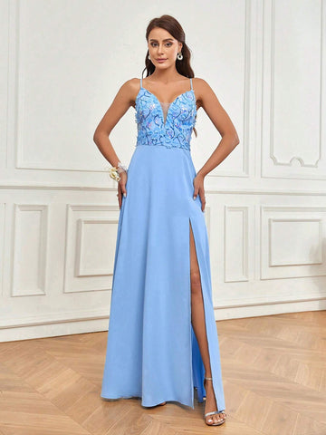 Elegant And Romantic Romantic And Exquisite Blue Three-Dimensional Floral Mesh Fabric High Slit At Front Hem Suitable For Wedding Season Graduation Season Mother's Day Music Festival Valentine's Day Ramadan Ladies Formal Bridesmaid Dress