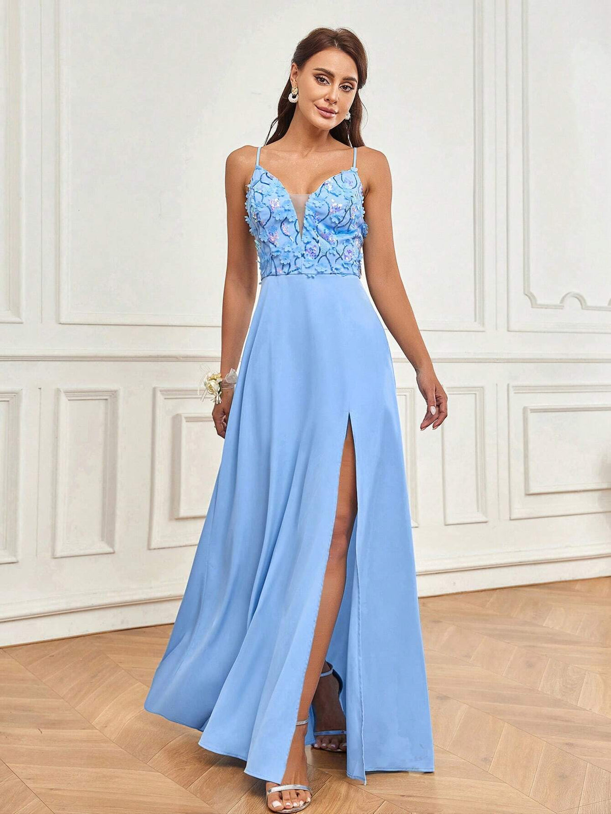 Elegant And Romantic Romantic And Exquisite Blue Three-Dimensional Floral Mesh Fabric High Slit At Front Hem Suitable For Wedding Season Graduation Season Mother's Day Music Festival Valentine's Day Ramadan Ladies Formal Bridesmaid Dress