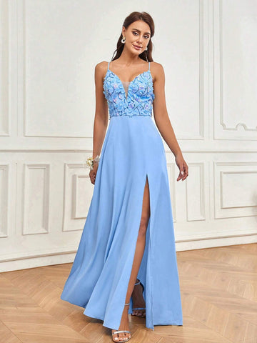 Elegant And Romantic Romantic And Exquisite Blue Three-Dimensional Floral Mesh Fabric High Slit At Front Hem Suitable For Wedding Season Graduation Season Mother's Day Music Festival Valentine's Day Ramadan Ladies Formal Bridesmaid Dress