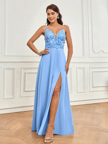 Elegant And Romantic Romantic And Exquisite Blue Three-Dimensional Floral Mesh Fabric High Slit At Front Hem Suitable For Wedding Season Graduation Season Mother's Day Music Festival Valentine's Day Ramadan Ladies Formal Bridesmaid Dress