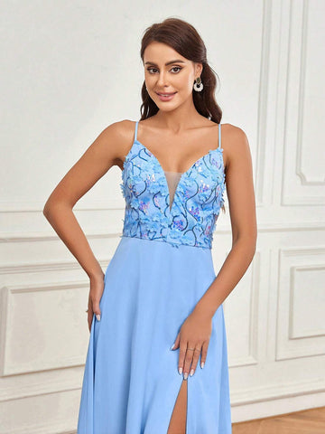 Elegant And Romantic Romantic And Exquisite Blue Three-Dimensional Floral Mesh Fabric High Slit At Front Hem Suitable For Wedding Season Graduation Season Mother's Day Music Festival Valentine's Day Ramadan Ladies Formal Bridesmaid Dress