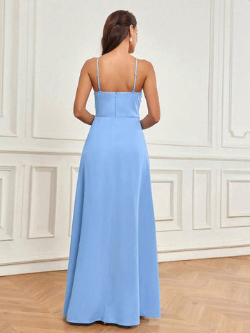 Elegant And Romantic Romantic And Exquisite Blue Three-Dimensional Floral Mesh Fabric High Slit At Front Hem Suitable For Wedding Season Graduation Season Mother's Day Music Festival Valentine's Day Ramadan Ladies Formal Bridesmaid Dress