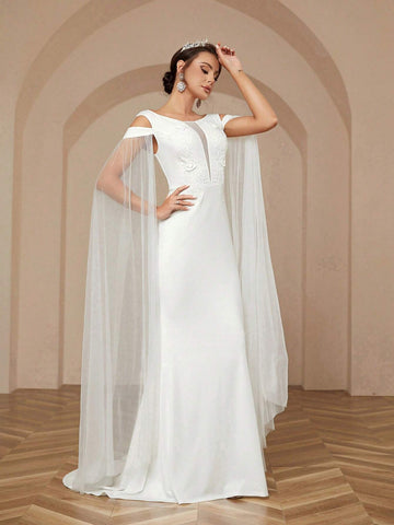 Elegant And Romantic Round Neck See-Through Sense Of Deep V-Neck Front Three-Dimensional Appliqué Mesh Floating Fly Sleeve Splicing High-Waisted Thin Slim Curvy Sense Of Knitting Floor Dragging Fishtail Wedding Dresses