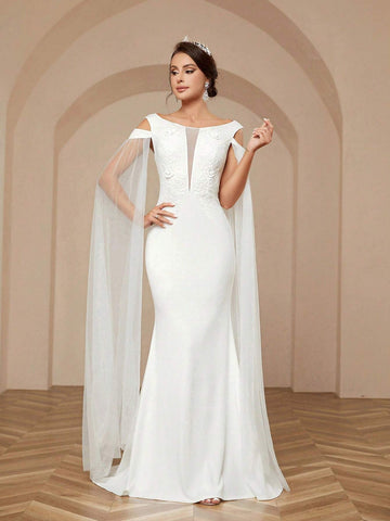 Elegant And Romantic Round Neck See-Through Sense Of Deep V-Neck Front Three-Dimensional Appliqué Mesh Floating Fly Sleeve Splicing High-Waisted Thin Slim Curvy Sense Of Knitting Floor Dragging Fishtail Wedding Dresses