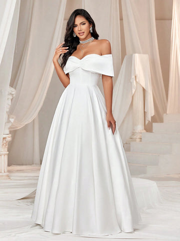 Elegant And Romantic Satin Off Shoulder Puffy Wedding Dress