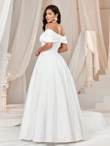 Elegant And Romantic Satin Off Shoulder Puffy Wedding Dress
