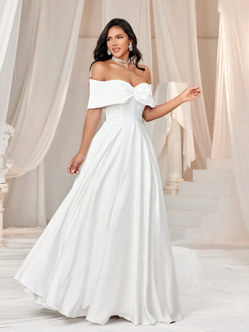Elegant And Romantic Satin Off Shoulder Puffy Wedding Dress
