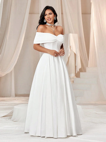 Elegant And Romantic Satin Off Shoulder Puffy Wedding Dress