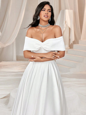 Elegant And Romantic Satin Off Shoulder Puffy Wedding Dress