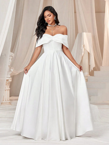 Elegant And Romantic Satin Off Shoulder Puffy Wedding Dress