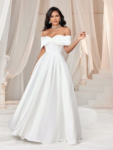 Elegant And Romantic Satin Off Shoulder Puffy Wedding Dress