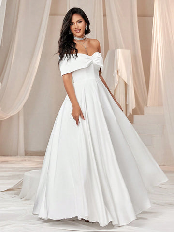 Elegant And Romantic Satin Off Shoulder Puffy Wedding Dress
