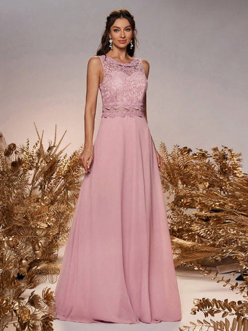 Elegant And Romantic Shrimp Pink Lace Cut Chiffon Lace Round Neck Vest Dress With Hollow A-Swing At The Waist And Open Water Drop Mushroom Buckle At The Back For Adjustment, Suitable For Wedding Events And Bridesmaid Dresses