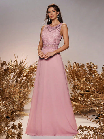 Elegant And Romantic Shrimp Pink Lace Cut Chiffon Lace Round Neck Vest Dress With Hollow A-Swing At The Waist And Open Water Drop Mushroom Buckle At The Back For Adjustment, Suitable For Wedding Events And Bridesmaid Dresses