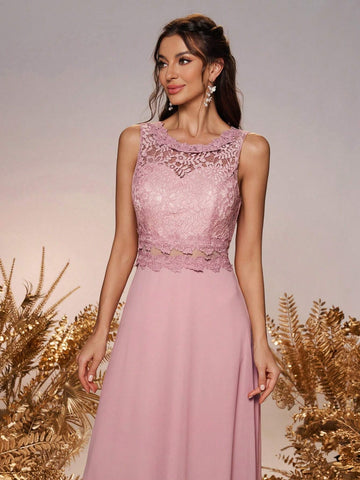 Elegant And Romantic Shrimp Pink Lace Cut Chiffon Lace Round Neck Vest Dress With Hollow A-Swing At The Waist And Open Water Drop Mushroom Buckle At The Back For Adjustment, Suitable For Wedding Events And Bridesmaid Dresses
