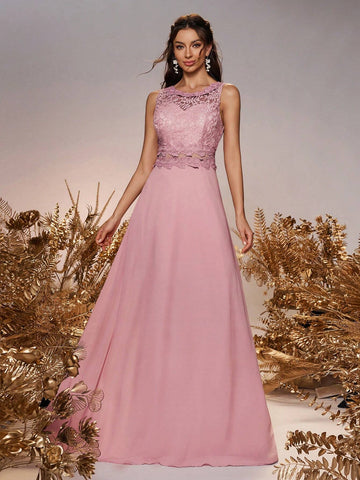 Elegant And Romantic Shrimp Pink Lace Cut Chiffon Lace Round Neck Vest Dress With Hollow A-Swing At The Waist And Open Water Drop Mushroom Buckle At The Back For Adjustment, Suitable For Wedding Events And Bridesmaid Dresses