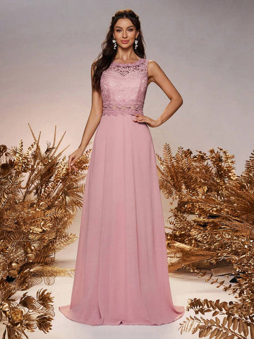 Elegant And Romantic Shrimp Pink Lace Cut Chiffon Lace Round Neck Vest Dress With Hollow A-Swing At The Waist And Open Water Drop Mushroom Buckle At The Back For Adjustment, Suitable For Wedding Events And Bridesmaid Dresses