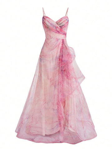 Elegant And Romantic Vacation Chiffon Digital Printed Dress: Sleeveless V-Neck Top With Pleated Details, High Waist Cut, A-Line Skirt, Asymmetrical Hemline And Side Slit. Perfect For Weddings, Parties, And Evening Events.