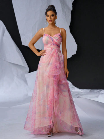 Elegant And Romantic Vacation Chiffon Digital Printed Dress: Sleeveless V-Neck Top With Pleated Details, High Waist Cut, A-Line Skirt, Asymmetrical Hemline And Side Slit. Perfect For Weddings, Parties, And Evening Events.