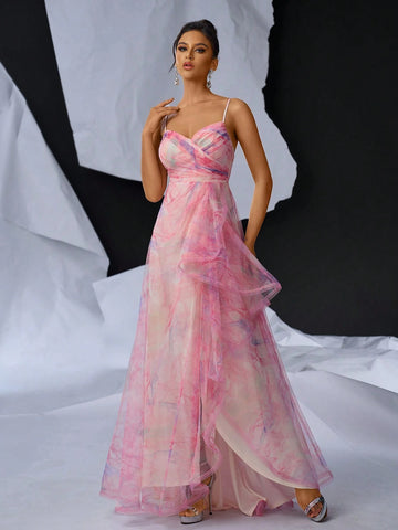 Elegant And Romantic Vacation Chiffon Digital Printed Dress: Sleeveless V-Neck Top With Pleated Details, High Waist Cut, A-Line Skirt, Asymmetrical Hemline And Side Slit. Perfect For Weddings, Parties, And Evening Events.