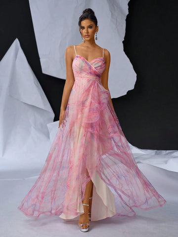 Elegant And Romantic Vacation Chiffon Digital Printed Dress: Sleeveless V-Neck Top With Pleated Details, High Waist Cut, A-Line Skirt, Asymmetrical Hemline And Side Slit. Perfect For Weddings, Parties, And Evening Events.