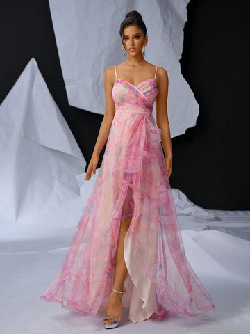 Elegant And Romantic Vacation Chiffon Digital Printed Dress: Sleeveless V-Neck Top With Pleated Details, High Waist Cut, A-Line Skirt, Asymmetrical Hemline And Side Slit. Perfect For Weddings, Parties, And Evening Events.