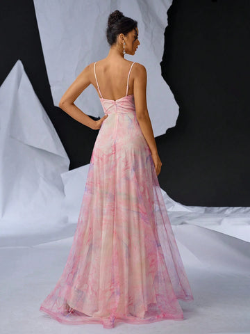 Elegant And Romantic Vacation Chiffon Digital Printed Dress: Sleeveless V-Neck Top With Pleated Details, High Waist Cut, A-Line Skirt, Asymmetrical Hemline And Side Slit. Perfect For Weddings, Parties, And Evening Events.