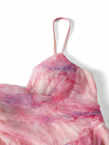 Elegant And Romantic Vacation Chiffon Digital Printed Dress: Sleeveless V-Neck Top With Pleated Details, High Waist Cut, A-Line Skirt, Asymmetrical Hemline And Side Slit. Perfect For Weddings, Parties, And Evening Events.