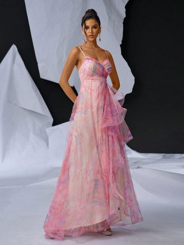 Elegant And Romantic Vacation Chiffon Digital Printed Dress: Sleeveless V-Neck Top With Pleated Details, High Waist Cut, A-Line Skirt, Asymmetrical Hemline And Side Slit. Perfect For Weddings, Parties, And Evening Events.