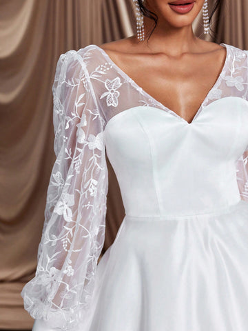 Elegant And Romantic White Mesh Embroidered V-Neck See-Through Puff Long-Sleeved A-Line Hem V-Shaped Backless Strap Suitable For Wedding Events, Dates, Bridal Shower Dress