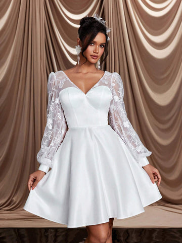 Elegant And Romantic White Mesh Embroidered V-Neck See-Through Puff Long-Sleeved A-Line Hem V-Shaped Backless Strap Suitable For Wedding Events, Dates, Bridal Shower Dress