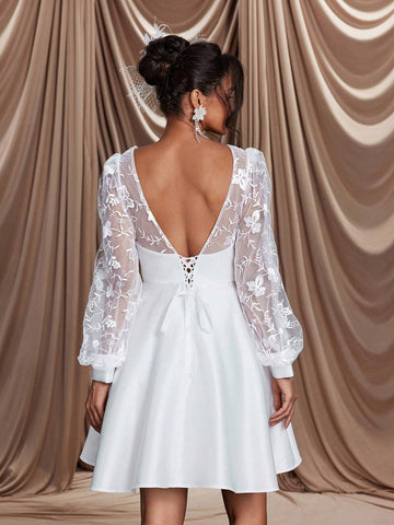 Elegant And Romantic White Mesh Embroidered V-Neck See-Through Puff Long-Sleeved A-Line Hem V-Shaped Backless Strap Suitable For Wedding Events, Dates, Bridal Shower Dress