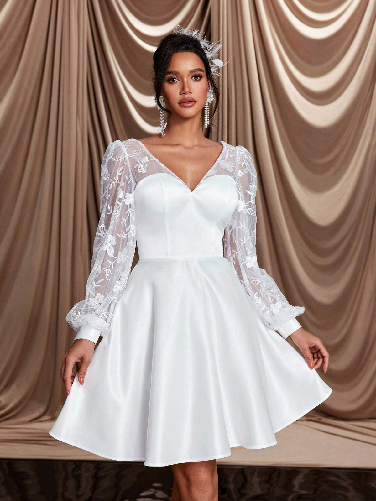 Elegant And Romantic White Mesh Embroidered V-Neck See-Through Puff Long-Sleeved A-Line Hem V-Shaped Backless Strap Suitable For Wedding Events, Dates, Bridal Shower Dress