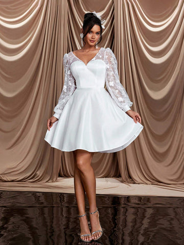 Elegant And Romantic White Mesh Embroidered V-Neck See-Through Puff Long-Sleeved A-Line Hem V-Shaped Backless Strap Suitable For Wedding Events, Dates, Bridal Shower Dress