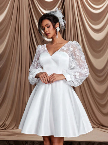 Elegant And Romantic White Mesh Embroidered V-Neck See-Through Puff Long-Sleeved A-Line Hem V-Shaped Backless Strap Suitable For Wedding Events, Dates, Bridal Shower Dress
