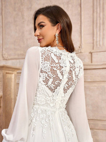Elegant And Romantic White V-Neck Long Sleeve French Lace Spliced Chiffon Dress With Ruched Decoration And Flowing A-Line Floor-Length Wedding Dress