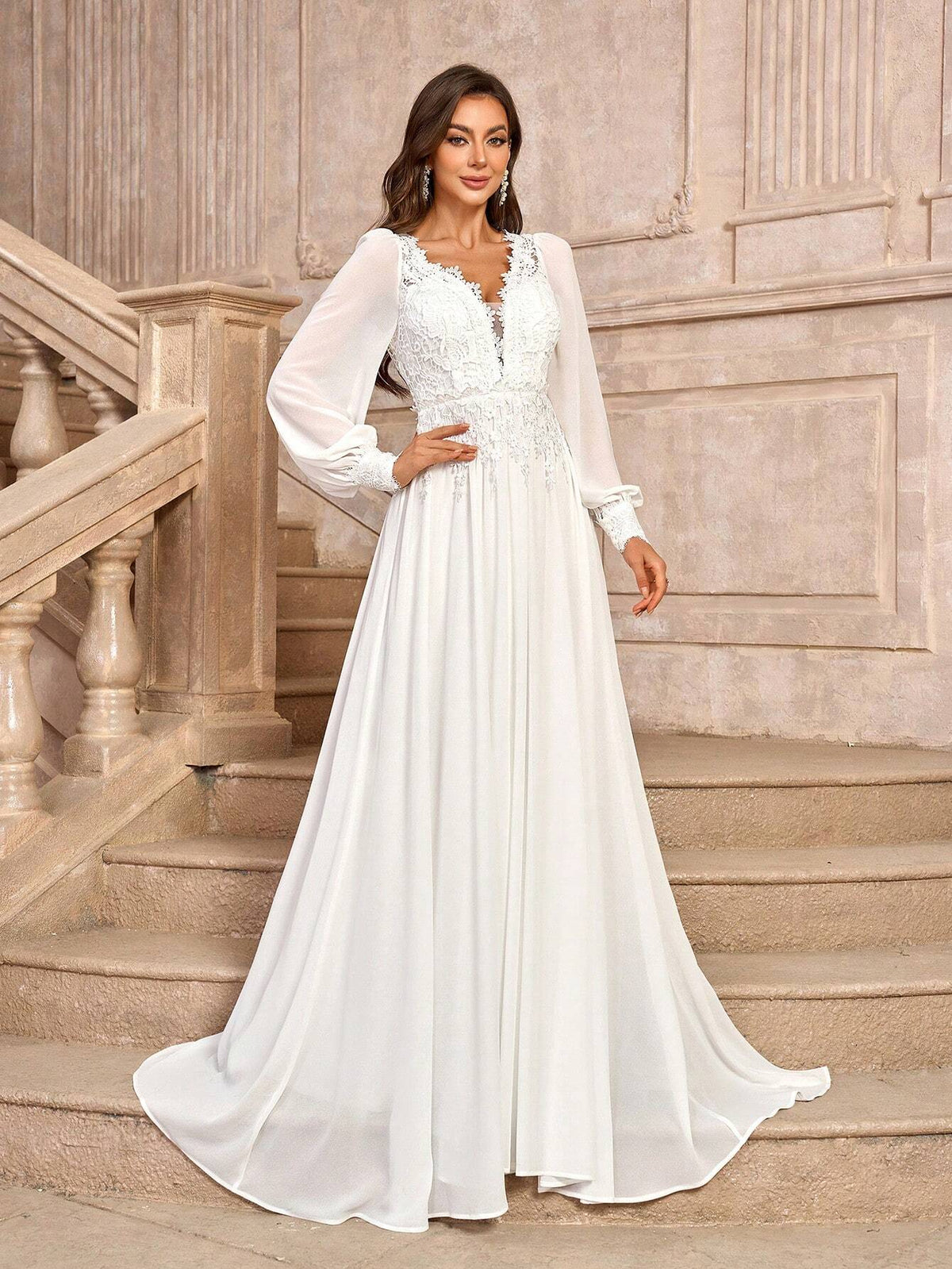 Elegant And Romantic White V-Neck Long Sleeve French Lace Spliced Chiffon Dress With Ruched Decoration And Flowing A-Line Floor-Length Wedding Dress