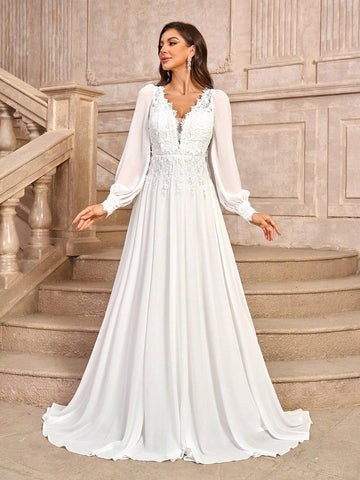 Elegant And Romantic White V-Neck Long Sleeve French Lace Spliced Chiffon Dress With Ruched Decoration And Flowing A-Line Floor-Length Wedding Dress
