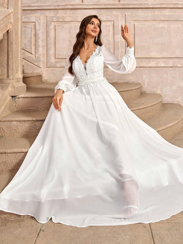 Elegant And Romantic White V-Neck Long Sleeve French Lace Spliced Chiffon Dress With Ruched Decoration And Flowing A-Line Floor-Length Wedding Dress