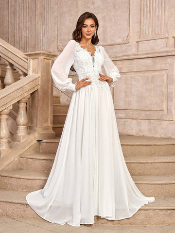 Elegant And Romantic White V-Neck Long Sleeve French Lace Spliced Chiffon Dress With Ruched Decoration And Flowing A-Line Floor-Length Wedding Dress