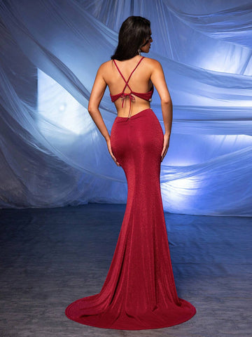 Elegant And Sexy Burgundy Fine Glitter Knitted Shoulder Straps, V-Neck, Gorgeous Rhinestones, Hollowed Out High Waist On Both Sides, Slim Fit, Fishtail Back Panel, Cross Straps, Concert, Graduation Season, Heavy Industry Dinner Ball Dress