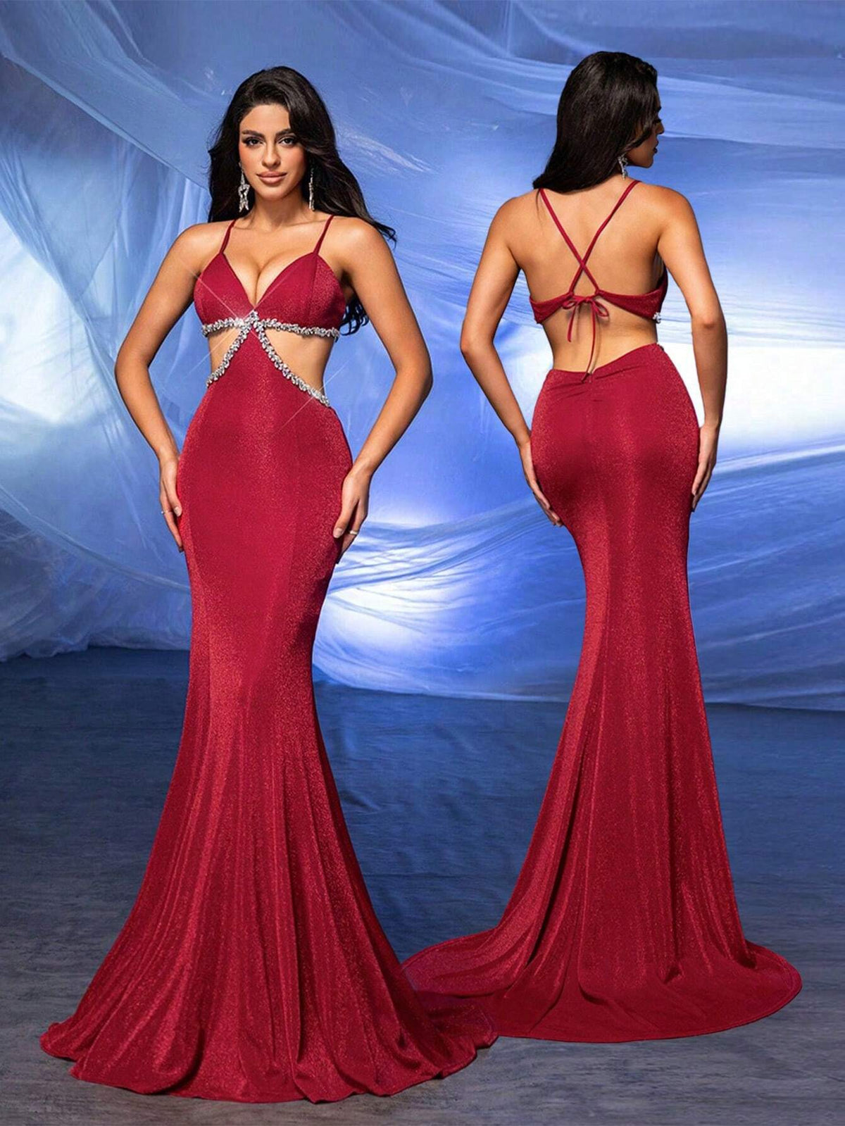 Elegant And Sexy Burgundy Fine Glitter Knitted Shoulder Straps, V-Neck, Gorgeous Rhinestones, Hollowed Out High Waist On Both Sides, Slim Fit, Fishtail Back Panel, Cross Straps, Concert, Graduation Season, Heavy Industry Dinner Ball Dress