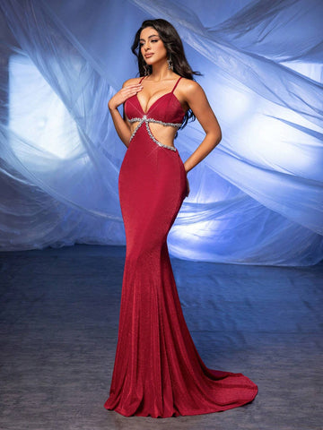 Elegant And Sexy Burgundy Fine Glitter Knitted Shoulder Straps, V-Neck, Gorgeous Rhinestones, Hollowed Out High Waist On Both Sides, Slim Fit, Fishtail Back Panel, Cross Straps, Concert, Graduation Season, Heavy Industry Dinner Ball Dress