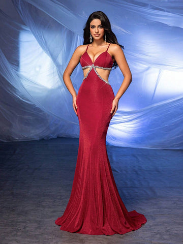 Elegant And Sexy Burgundy Fine Glitter Knitted Shoulder Straps, V-Neck, Gorgeous Rhinestones, Hollowed Out High Waist On Both Sides, Slim Fit, Fishtail Back Panel, Cross Straps, Concert, Graduation Season, Heavy Industry Dinner Ball Dress