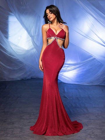 Elegant And Sexy Burgundy Fine Glitter Knitted Shoulder Straps, V-Neck, Gorgeous Rhinestones, Hollowed Out High Waist On Both Sides, Slim Fit, Fishtail Back Panel, Cross Straps, Concert, Graduation Season, Heavy Industry Dinner Ball Dress