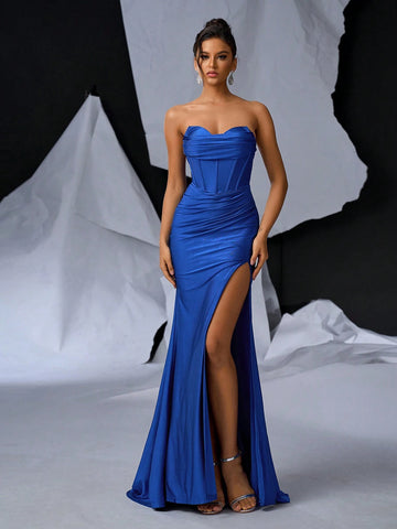 Elegant And Sexy Dark Blue Elastic Knitted Shiny Swimsuit Material Corset V-Neck Holiday Party Heavy Duty Dress For Graduation Season Wedding Event