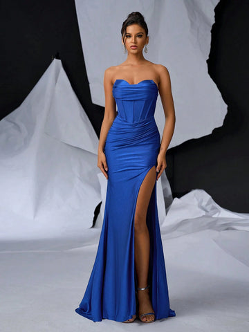 Elegant And Sexy Dark Blue Elastic Knitted Shiny Swimsuit Material Corset V-Neck Holiday Party Heavy Duty Dress For Graduation Season Wedding Event